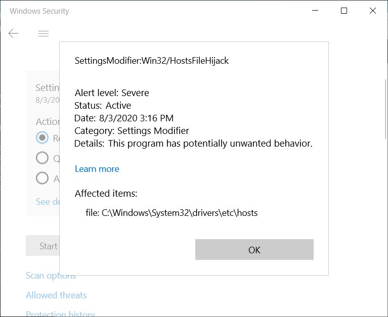 Windows 10 считает файл hosts вредоносным, если тот блокирует телеметрию