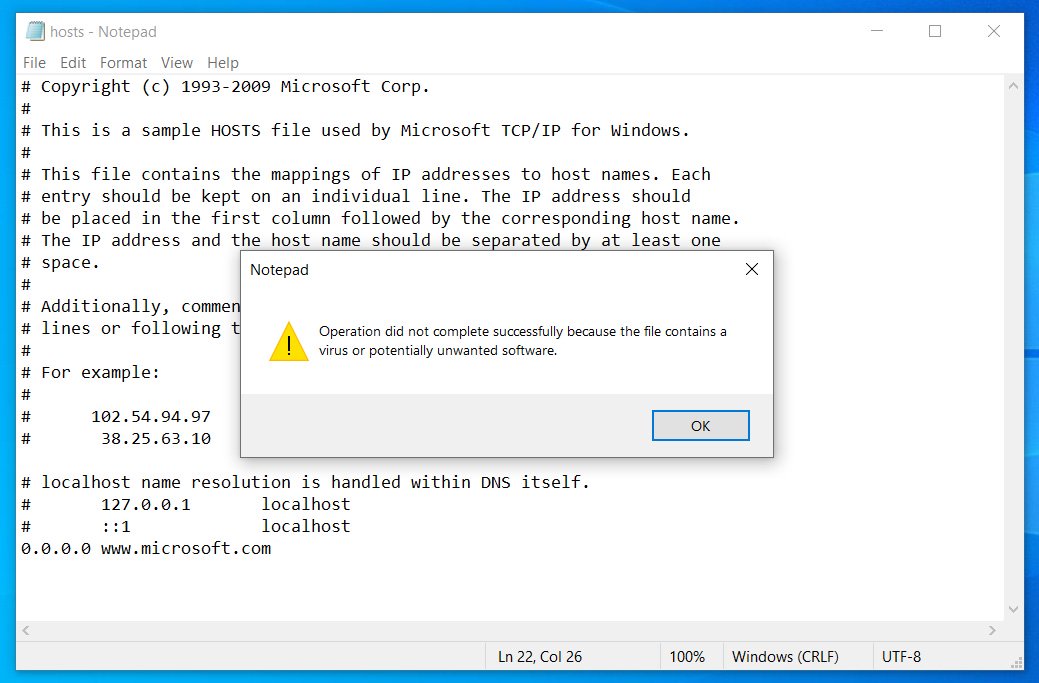 Windows 10 считает файл hosts вредоносным, если тот блокирует телеметрию